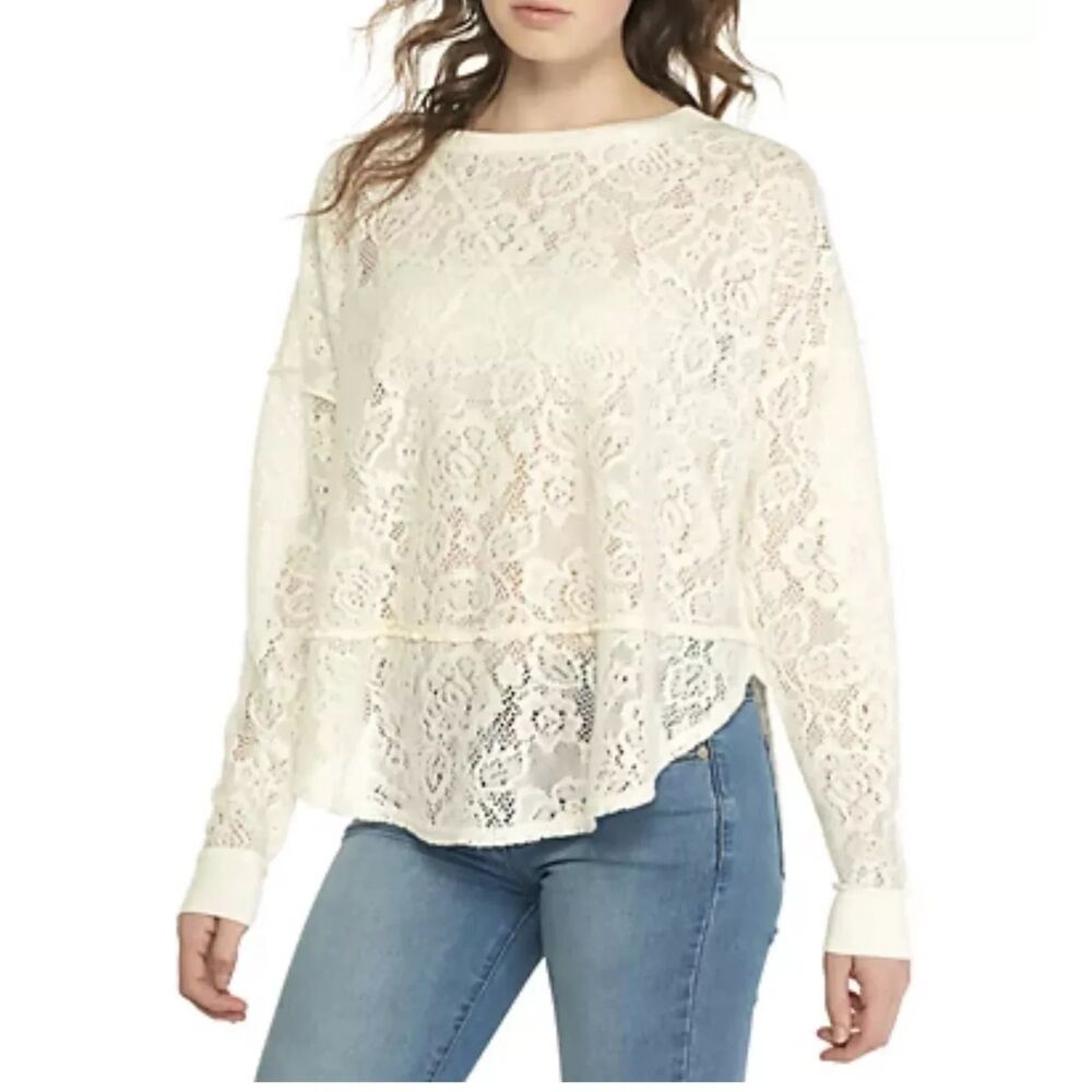 Free People Oversized XS Soft Off White/Cream Floral Pullover Lace Sweater